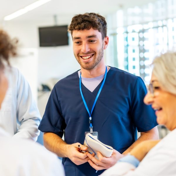 Doctors and nurses collaborating, sharing expertise, and coordinating patient care in a modern hospital setting